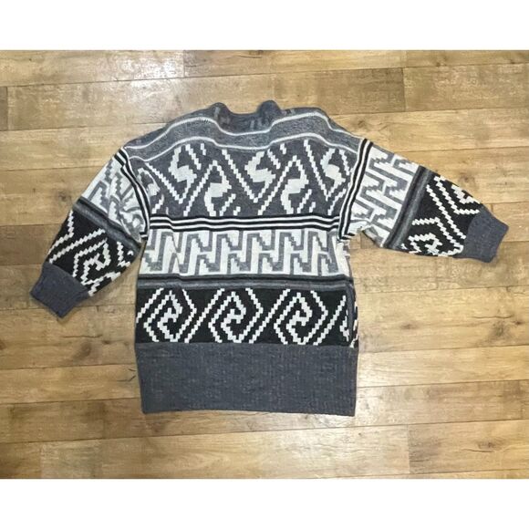 Vintage LeRoy Knitwear Geometric Retro Cardigan Sweater Gray Black 80s Taiwan SM - Picture 2 of 12